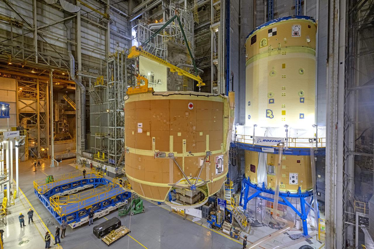 Technicians at NASA’s Michoud Assembly Facility have joined the engine and boat-tail sections of NASA’s Space Launch System rocket for Artemis II in preparation for its next step in production. When complete, the engine section will house the four RS-25 engines and include vital systems for mounting, controlling and delivering fuel from the propellant tanks to the rocket’s engines. The boat-tail is designed to protect the bottom end of the core stage and the RS-25 engines and was joined with the engine section to comprise the lowest portion of the 212-foot-tall core stage. Together with its four RS-25 engines and its twin solid rocket boosters, it will produce 8.8 million pounds of thrust to send NASA’s Orion spacecraft, astronauts, and supplies beyond Earth’s orbit to the Moon and, ultimately, Mars. Offering more payload mass, volume capability, and energy to speed missions through space, the SLS rocket, along with NASA’s Gateway in lunar orbit, the Human Landing System, and Orion spacecraft, is part of NASA’s backbone for deep space exploration and the Artemis lunar program. No other rocket is capable of carrying astronauts in Orion around the Moon in a single mission.